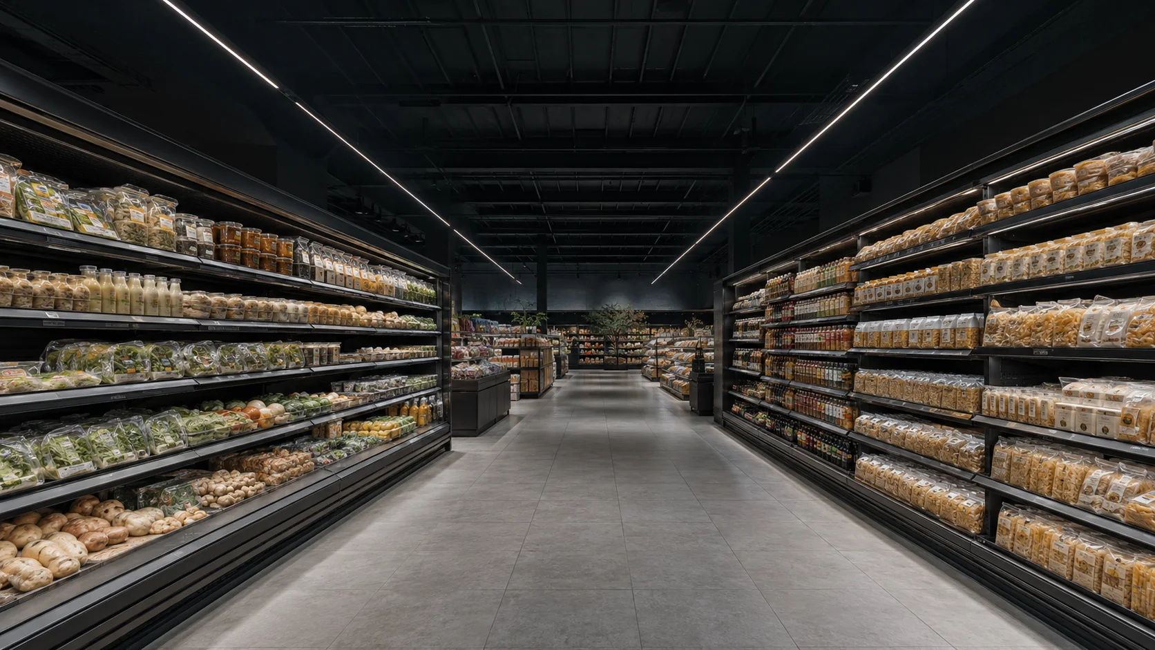 Pasillo de un supermercado contemporáneo con productos de consumo masivo